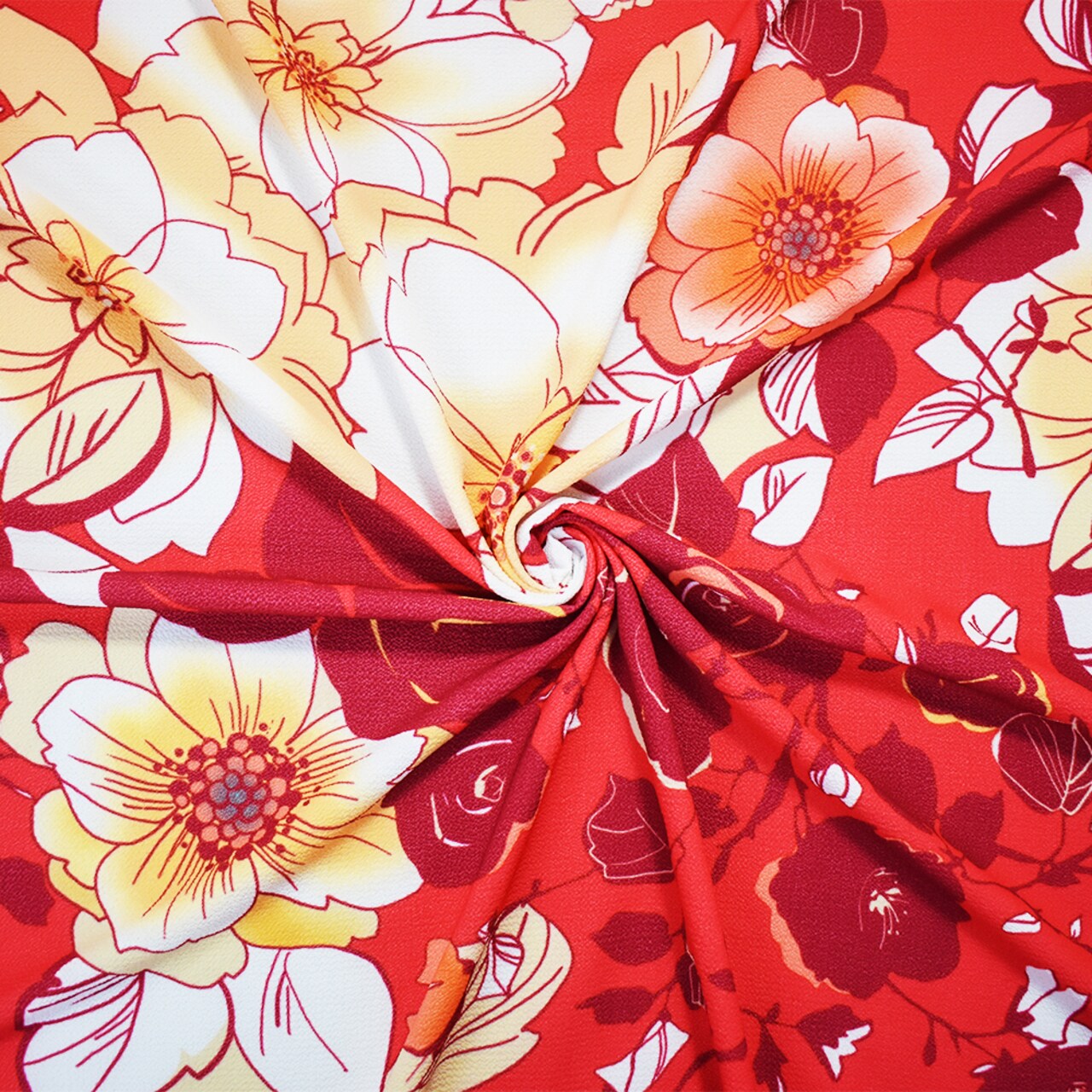 Red-Biege-Multi Poly Floral Printed Pebble Crepe Woven Fabric By the Yard